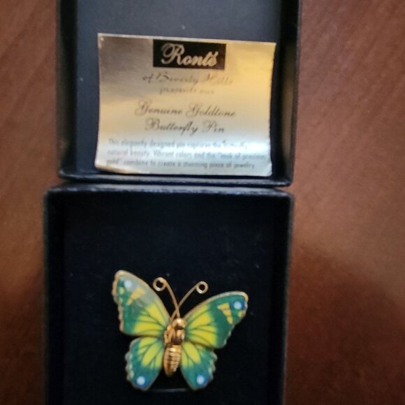 Ronté Genuine Goldtone Butterfly Pin With Vibrant Green & Yellow Enamel Finish I - Picture 1 of 5